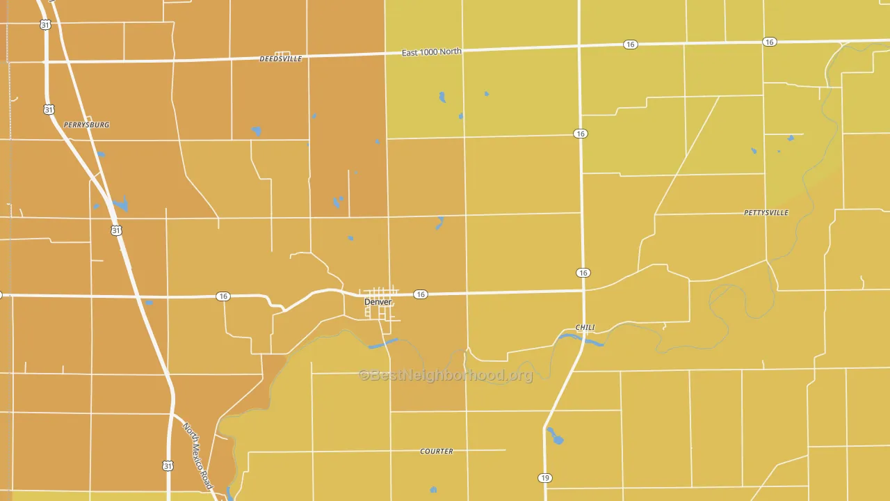Map of the best neighborhoods in the 46926 area, with better matches in green and worse matches in red