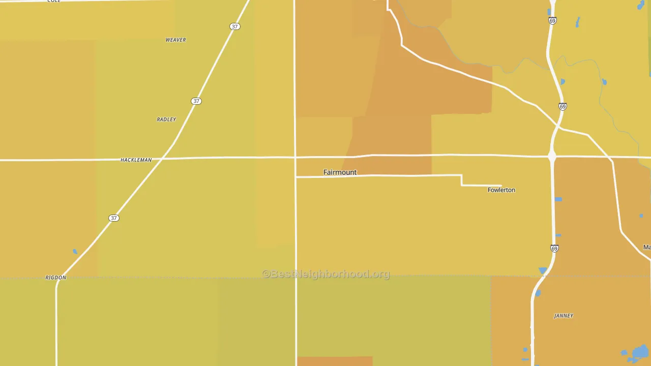 Map of the best neighborhoods in the 46928 area, with better matches in green and worse matches in red