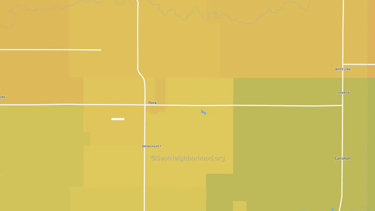 Map of the best neighborhoods in the 46929 area, with better matches in green and worse matches in red