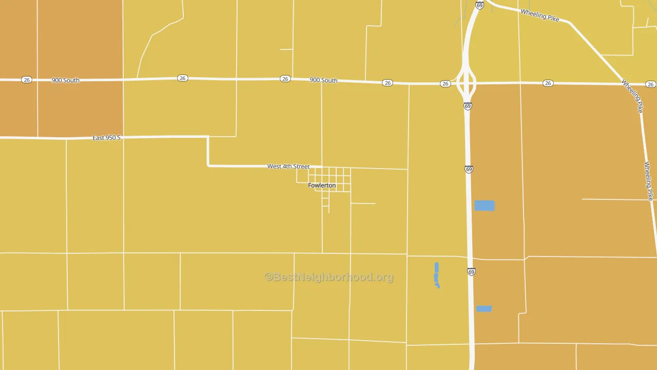 Map of the best neighborhoods in the 46930 area, with better matches in green and worse matches in red