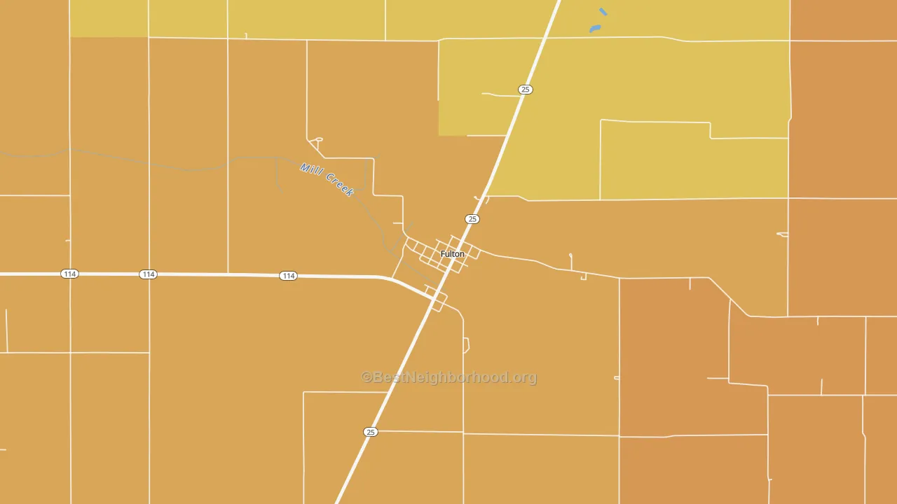 Map of the best neighborhoods in the 46931 area, with better matches in green and worse matches in red