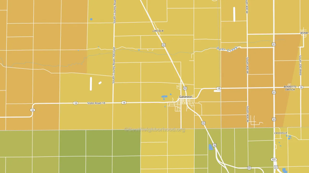 Map of the best neighborhoods in the 46932 area, with better matches in green and worse matches in red
