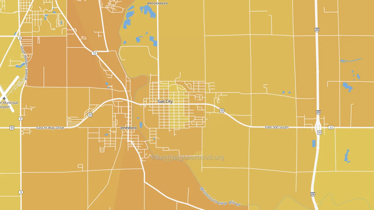 Map of the best neighborhoods in the 46933 area, with better matches in green and worse matches in red