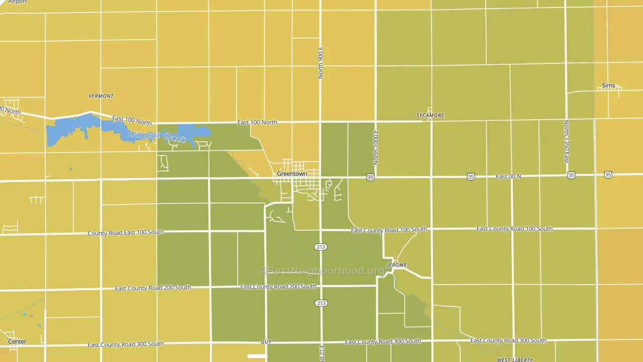 Map of the best neighborhoods in the 46936 area, with better matches in green and worse matches in red