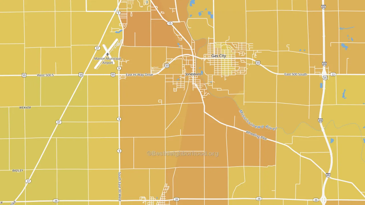 Map of the best neighborhoods in the 46938 area, with better matches in green and worse matches in red