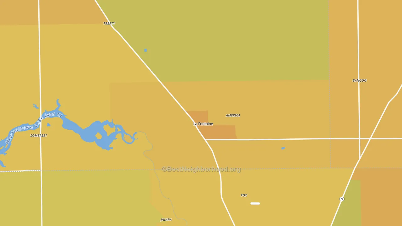 Map of the best neighborhoods in the 46940 area, with better matches in green and worse matches in red