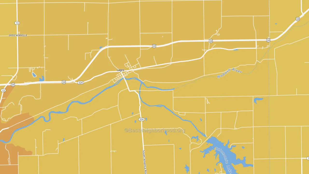 Map of the best neighborhoods in the 46941 area, with better matches in green and worse matches in red
