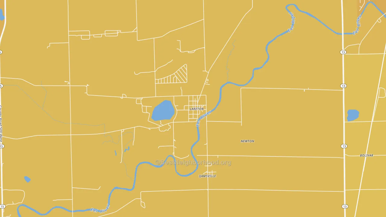 Map of the best neighborhoods in the 46943 area, with better matches in green and worse matches in red