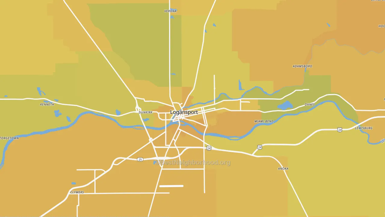Map of the best neighborhoods in the 46947 area, with better matches in green and worse matches in red