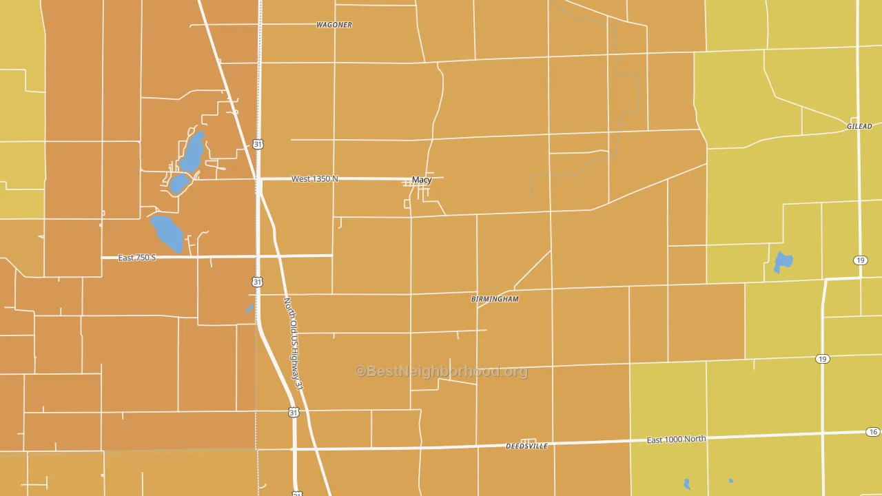Map of the best neighborhoods in the 46951 area, with better matches in green and worse matches in red