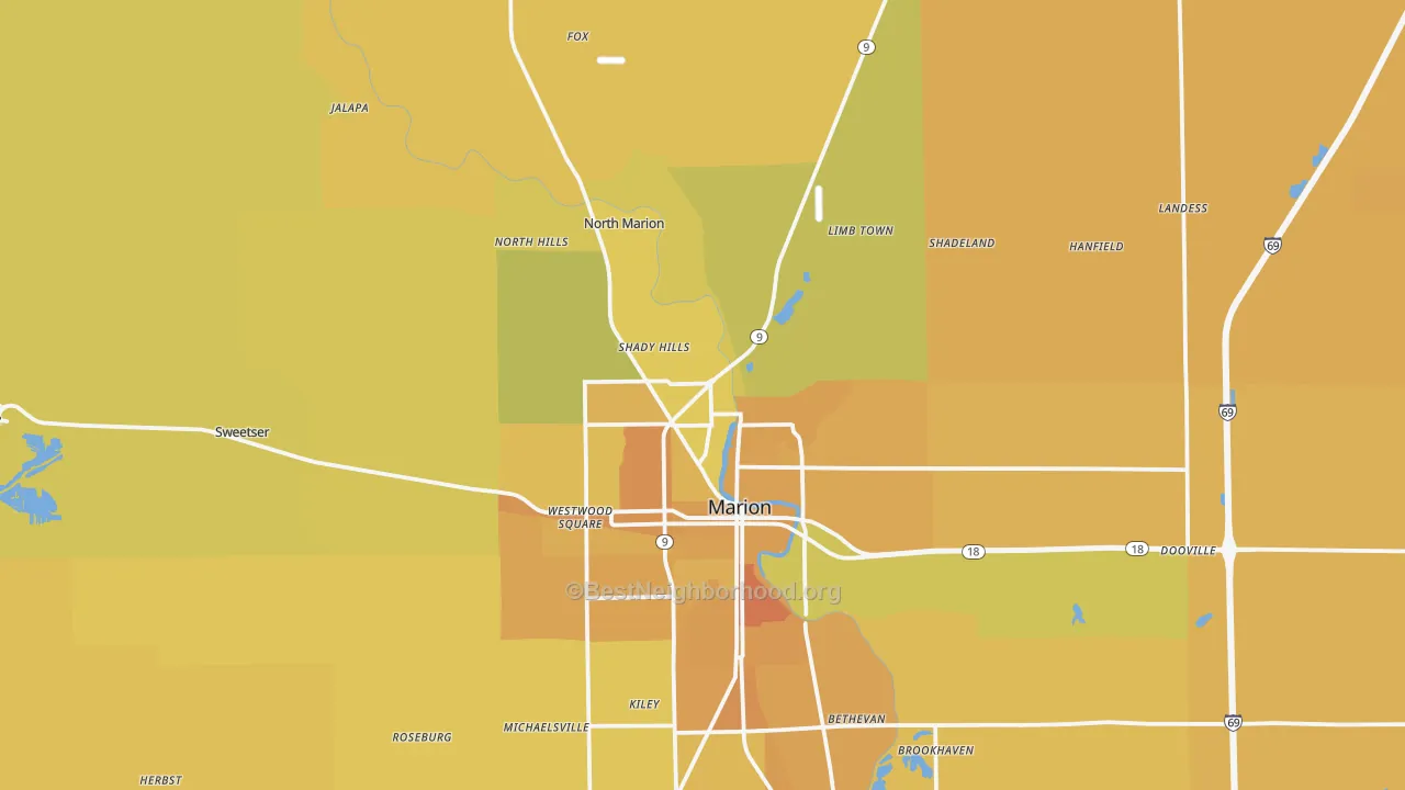 Map of the best neighborhoods in the 46952 area, with better matches in green and worse matches in red