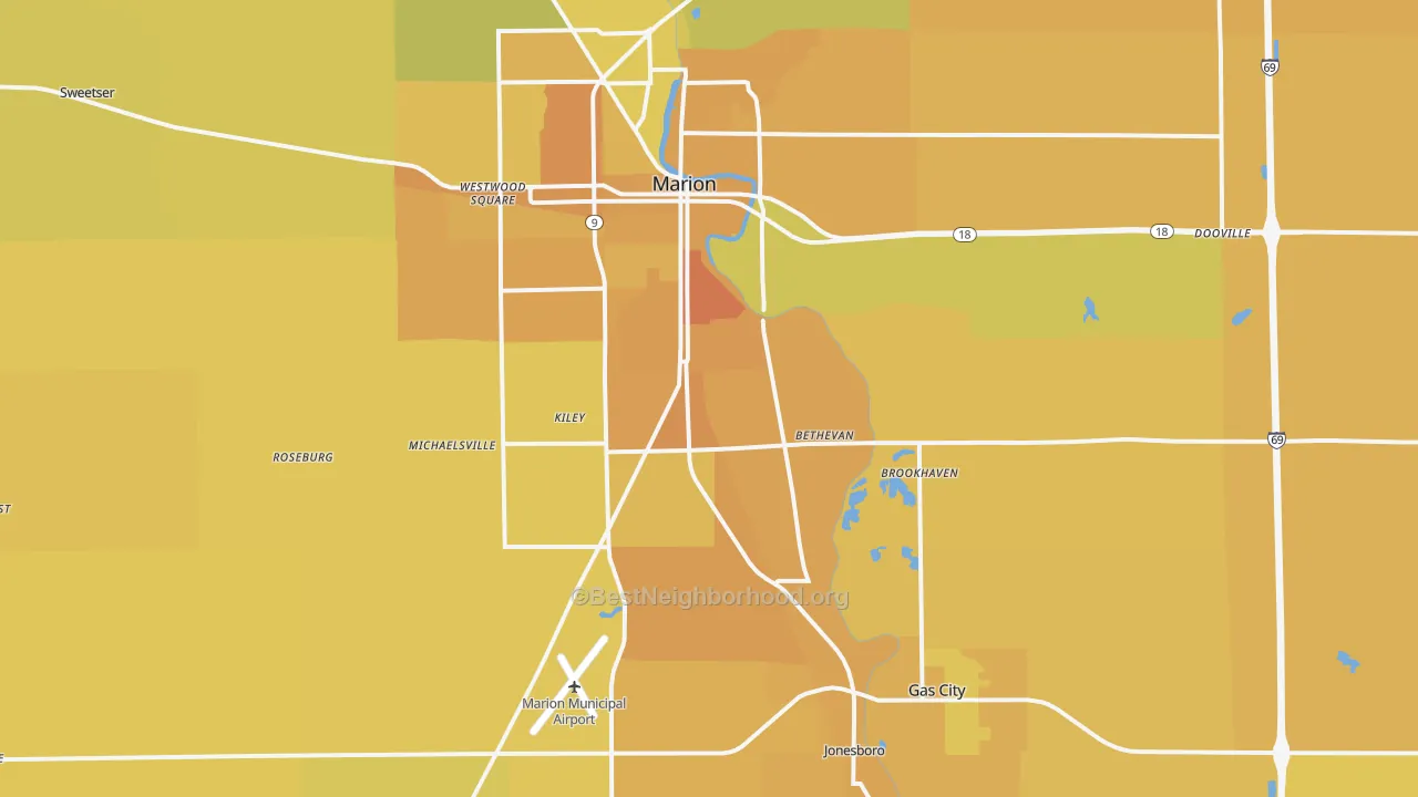 Map of the best neighborhoods in the 46953 area, with better matches in green and worse matches in red