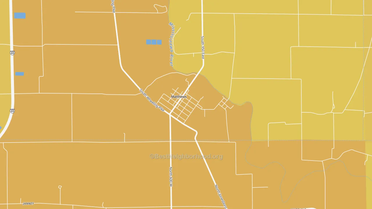 Map of the best neighborhoods in the 46957 area, with better matches in green and worse matches in red