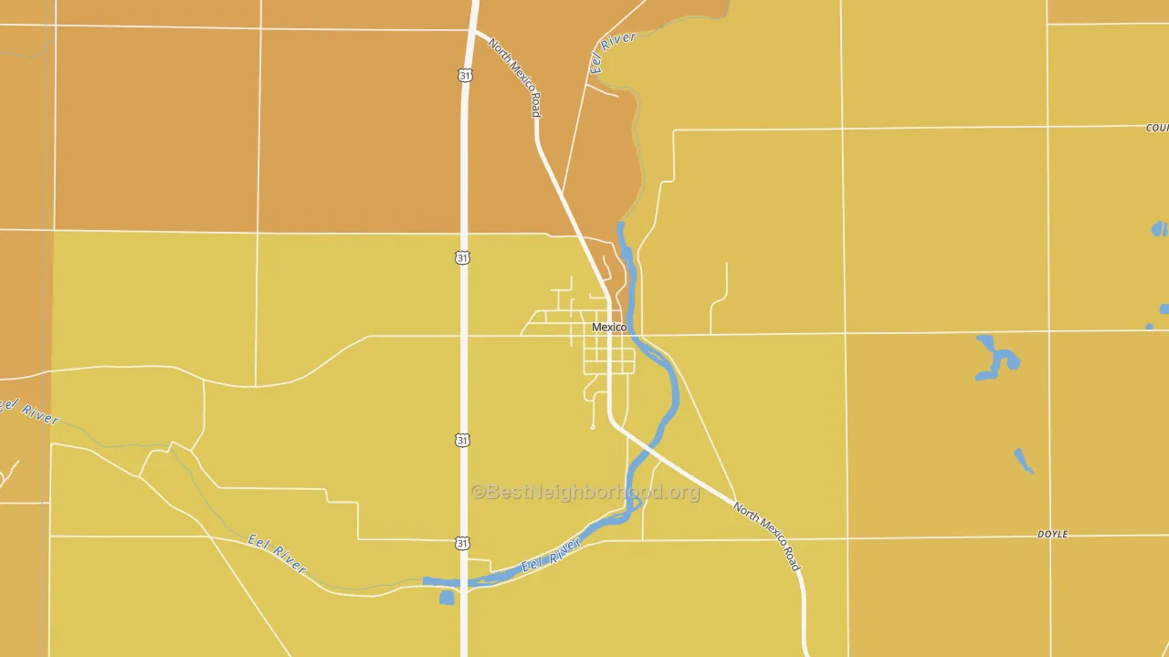Map of the best neighborhoods in the 46958 area, with better matches in green and worse matches in red