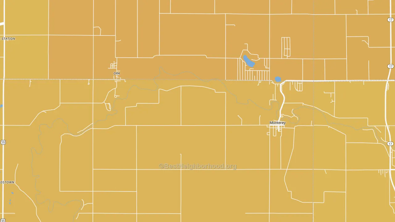 Map of the best neighborhoods in the 46960 area, with better matches in green and worse matches in red