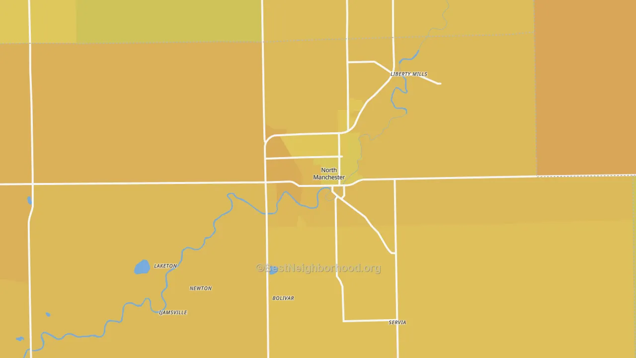 Map of the best neighborhoods in the 46962 area, with better matches in green and worse matches in red