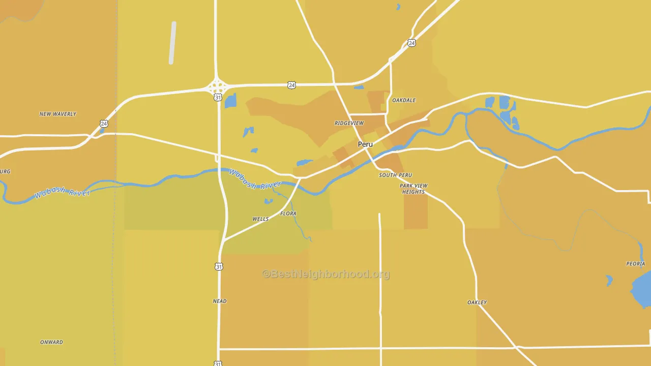 Map of the best neighborhoods in the 46970 area, with better matches in green and worse matches in red