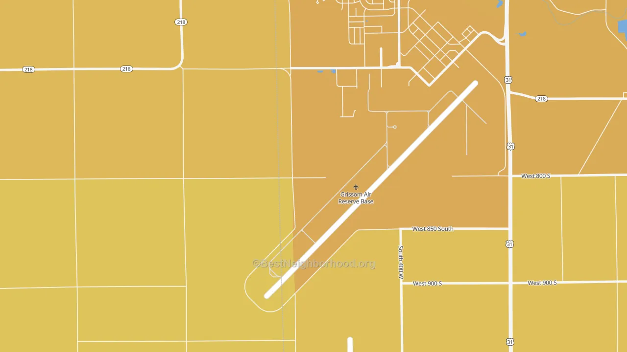 Map of the best neighborhoods in the 46971 area, with better matches in green and worse matches in red