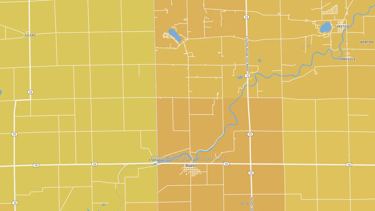 Map of the best neighborhoods in the 46974 area, with better matches in green and worse matches in red