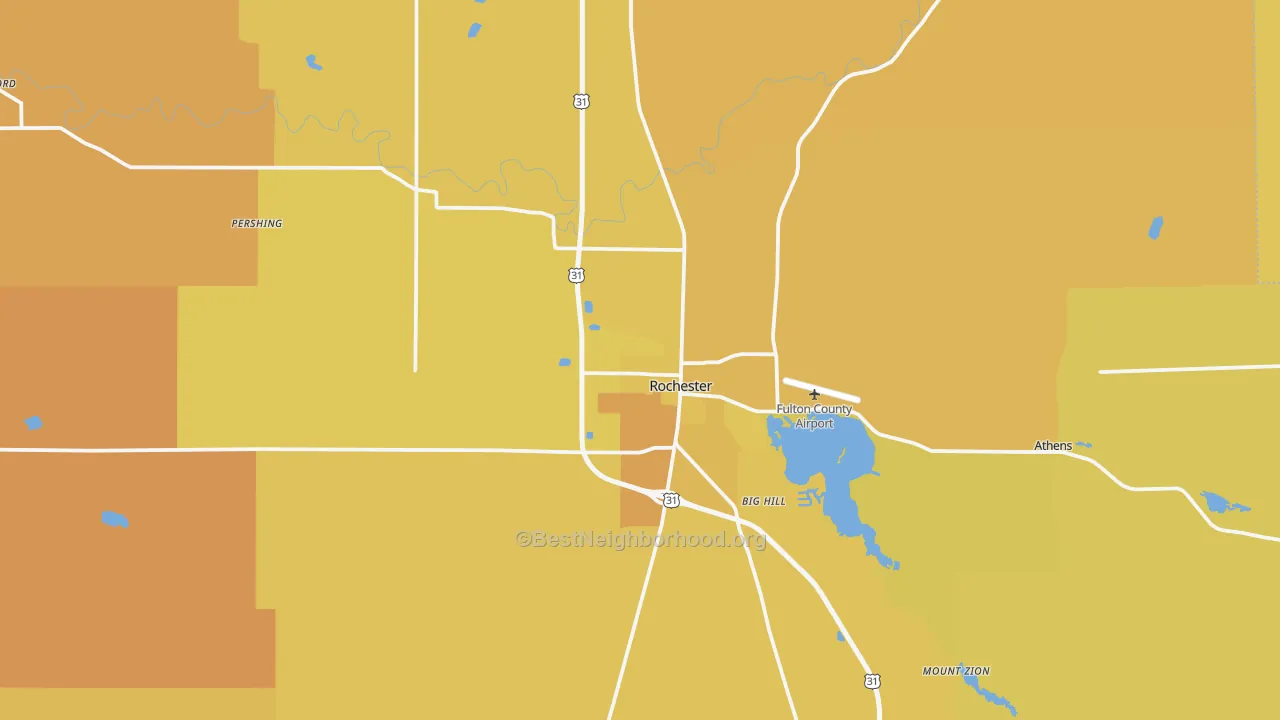 Map of the best neighborhoods in the 46975 area, with better matches in green and worse matches in red