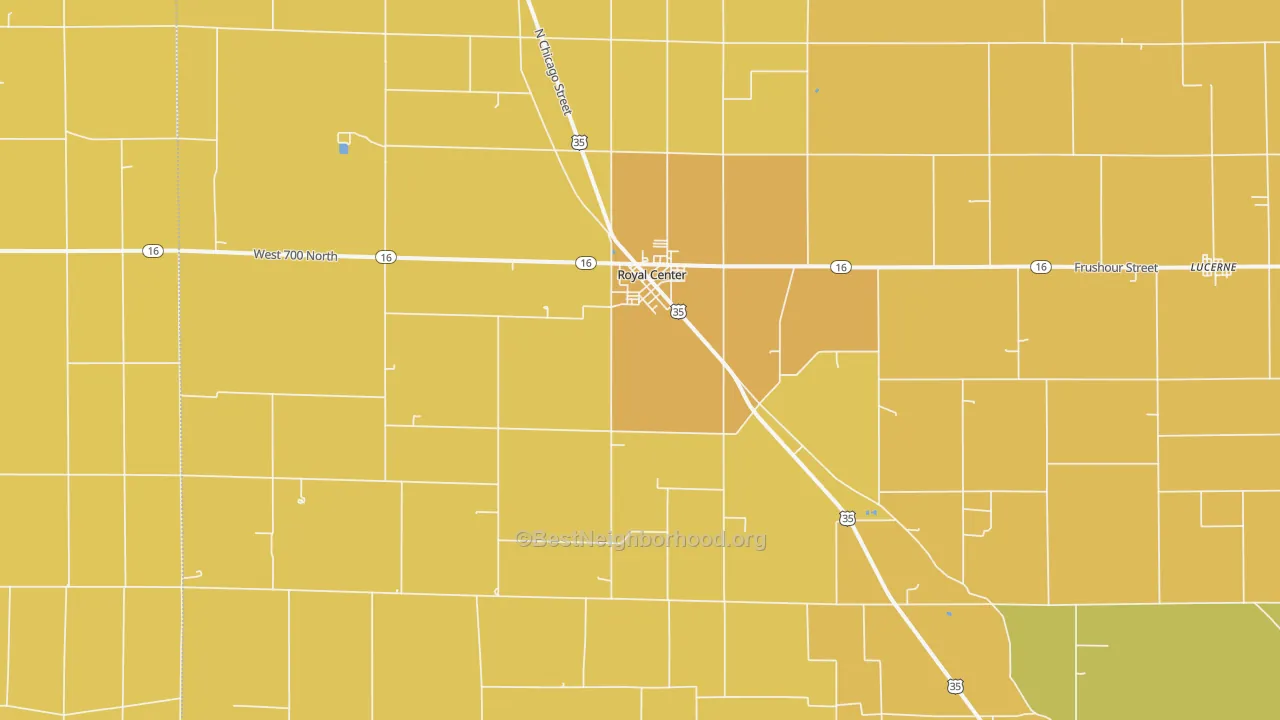 Map of the best neighborhoods in the 46978 area, with better matches in green and worse matches in red