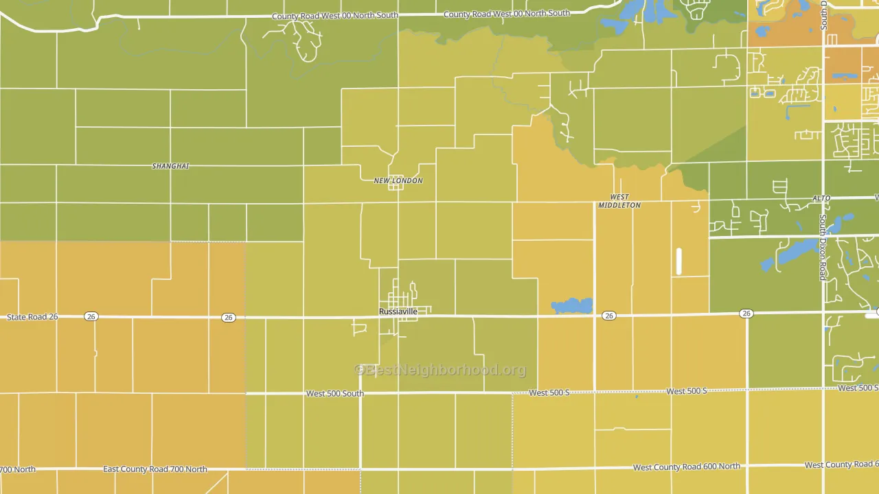 Map of the best neighborhoods in the 46979 area, with better matches in green and worse matches in red