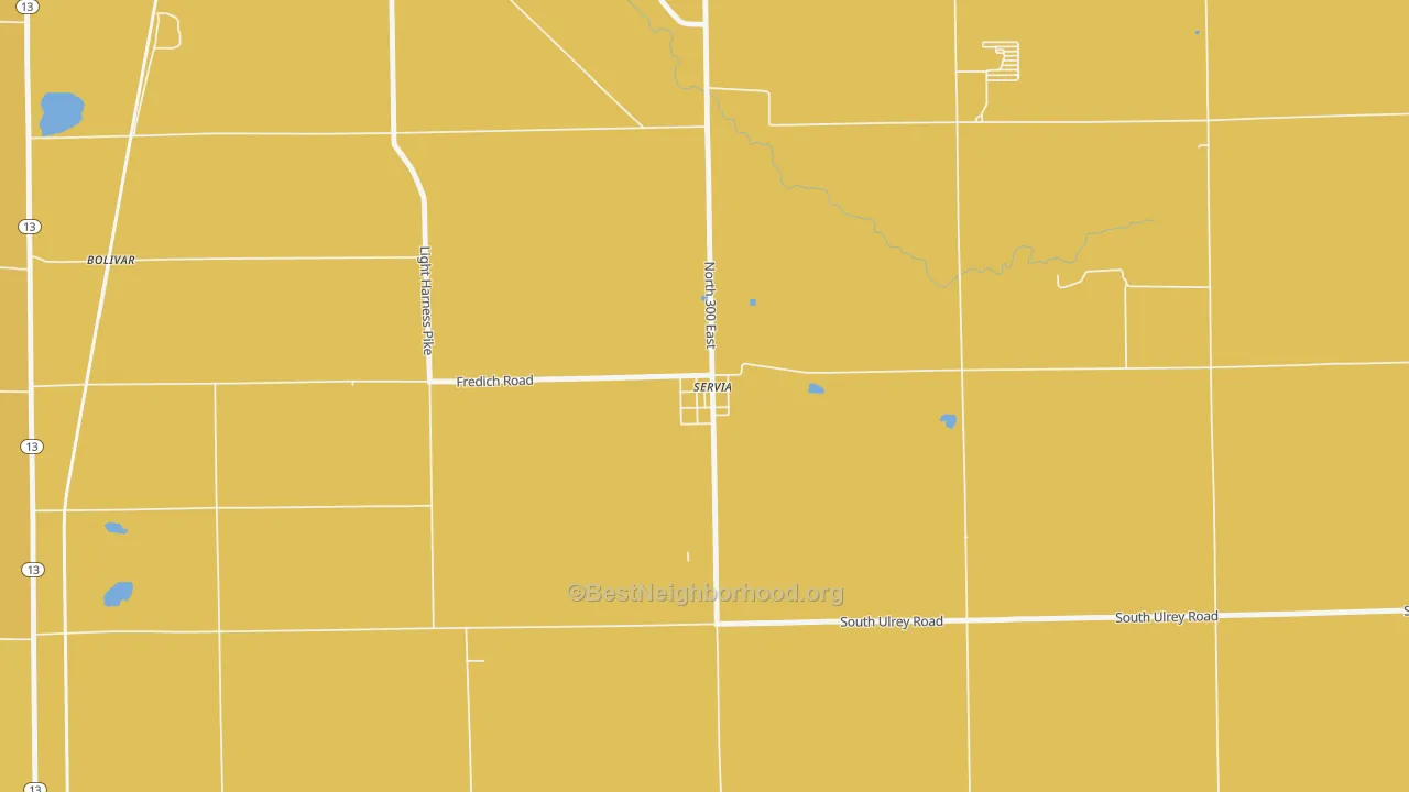 Map of the best neighborhoods in the 46980 area, with better matches in green and worse matches in red