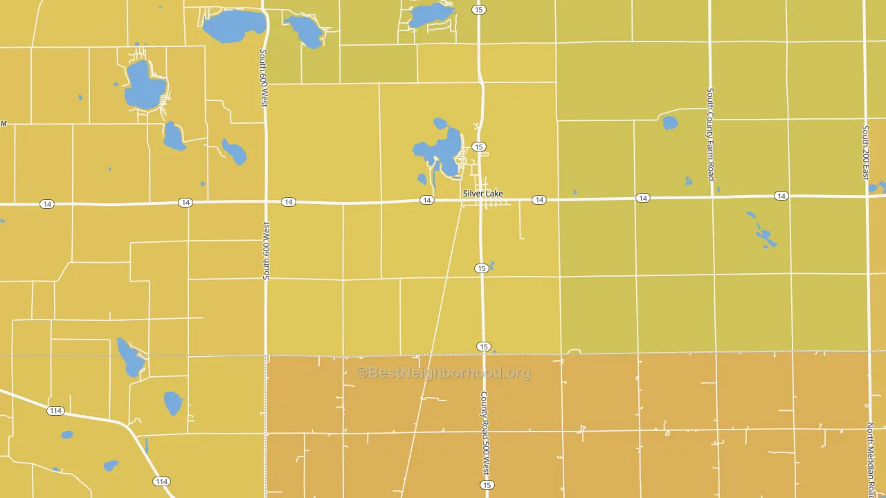 Map of the best neighborhoods in the 46982 area, with better matches in green and worse matches in red