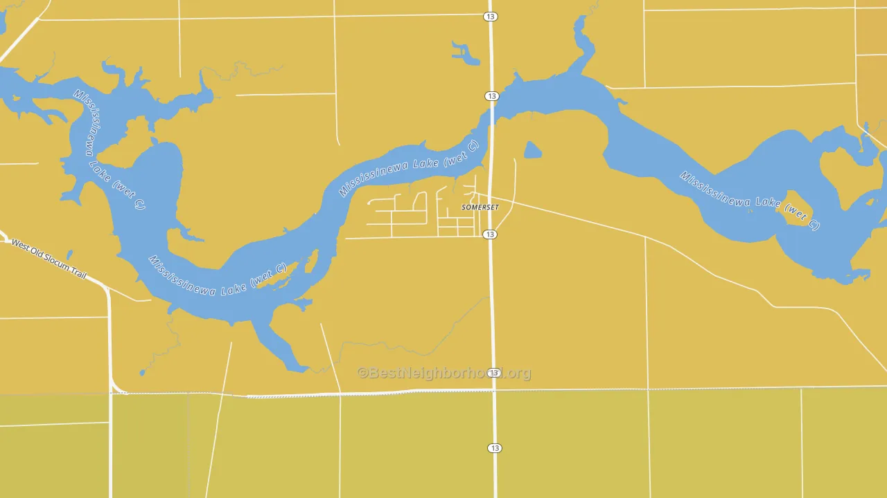 Map of the best neighborhoods in the 46984 area, with better matches in green and worse matches in red