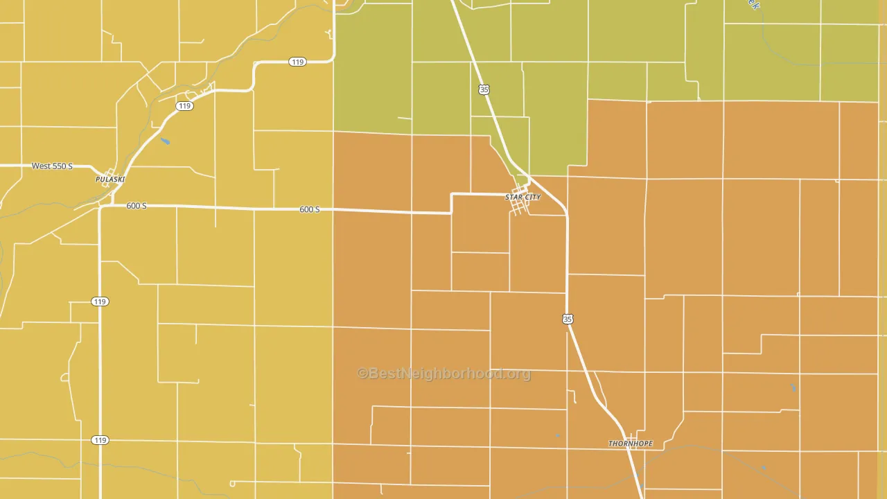 Map of the best neighborhoods in the 46985 area, with better matches in green and worse matches in red