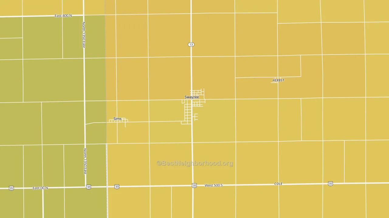 Map of the best neighborhoods in the 46986 area, with better matches in green and worse matches in red