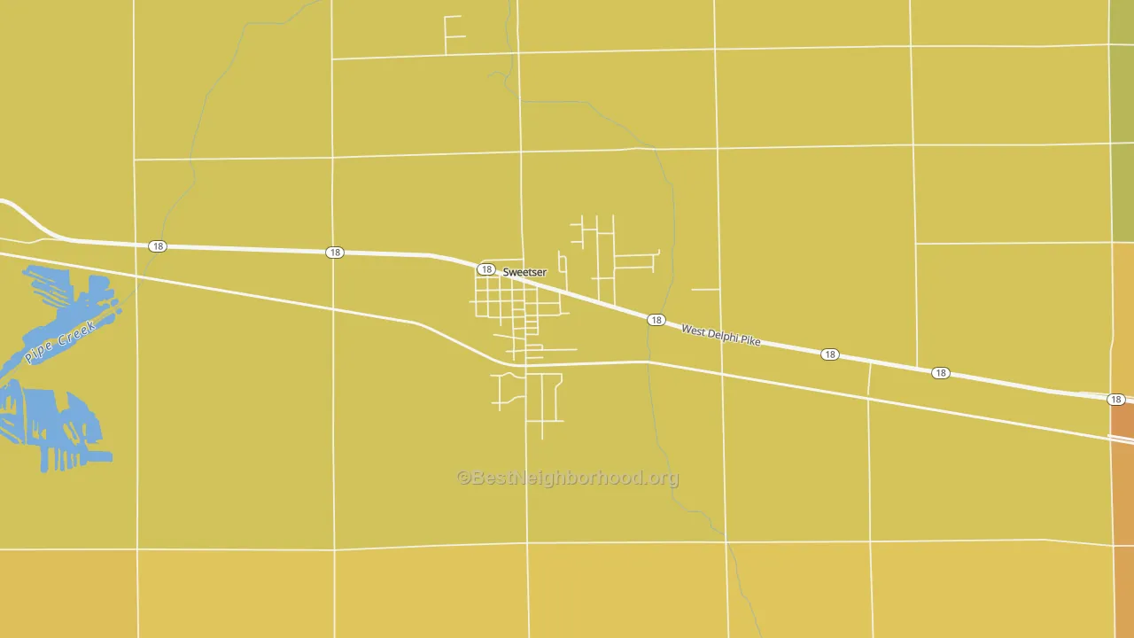 Map of the best neighborhoods in the 46987 area, with better matches in green and worse matches in red