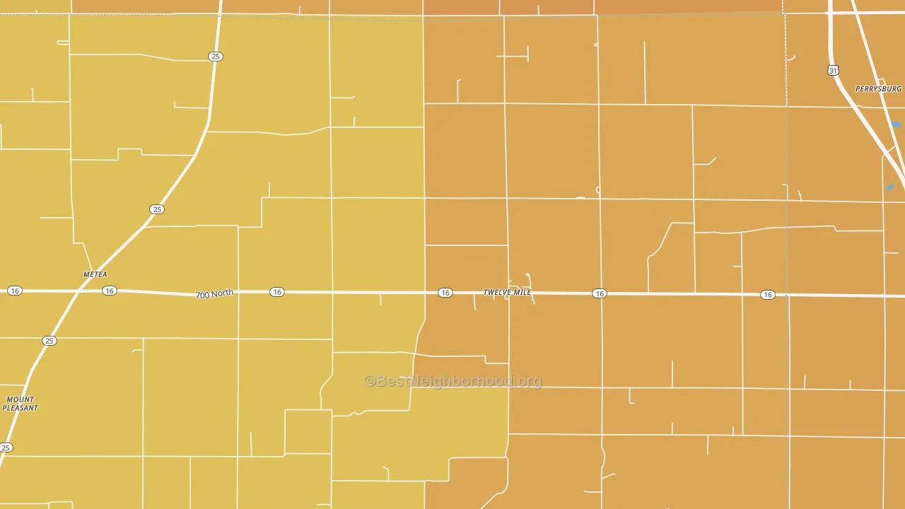 Map of the best neighborhoods in the 46988 area, with better matches in green and worse matches in red