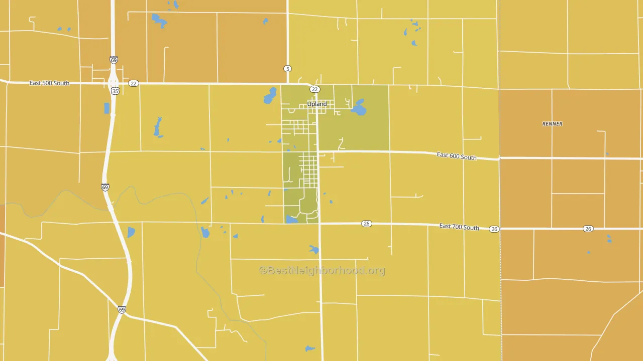 Map of the best neighborhoods in the 46989 area, with better matches in green and worse matches in red