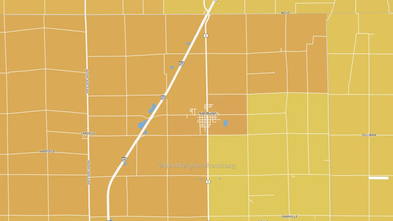 Map of the best neighborhoods in the 46991 area, with better matches in green and worse matches in red