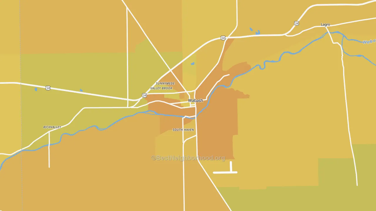 Map of the best neighborhoods in the 46992 area, with better matches in green and worse matches in red
