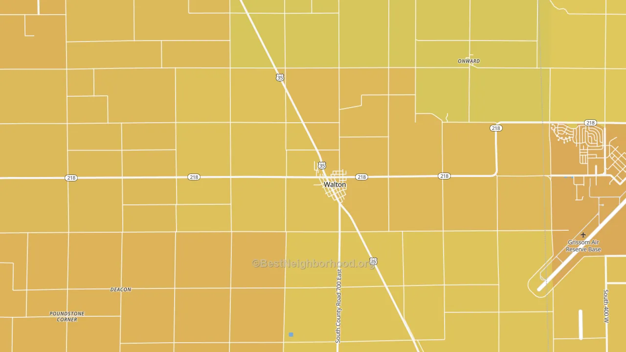 Map of the best neighborhoods in the 46994 area, with better matches in green and worse matches in red
