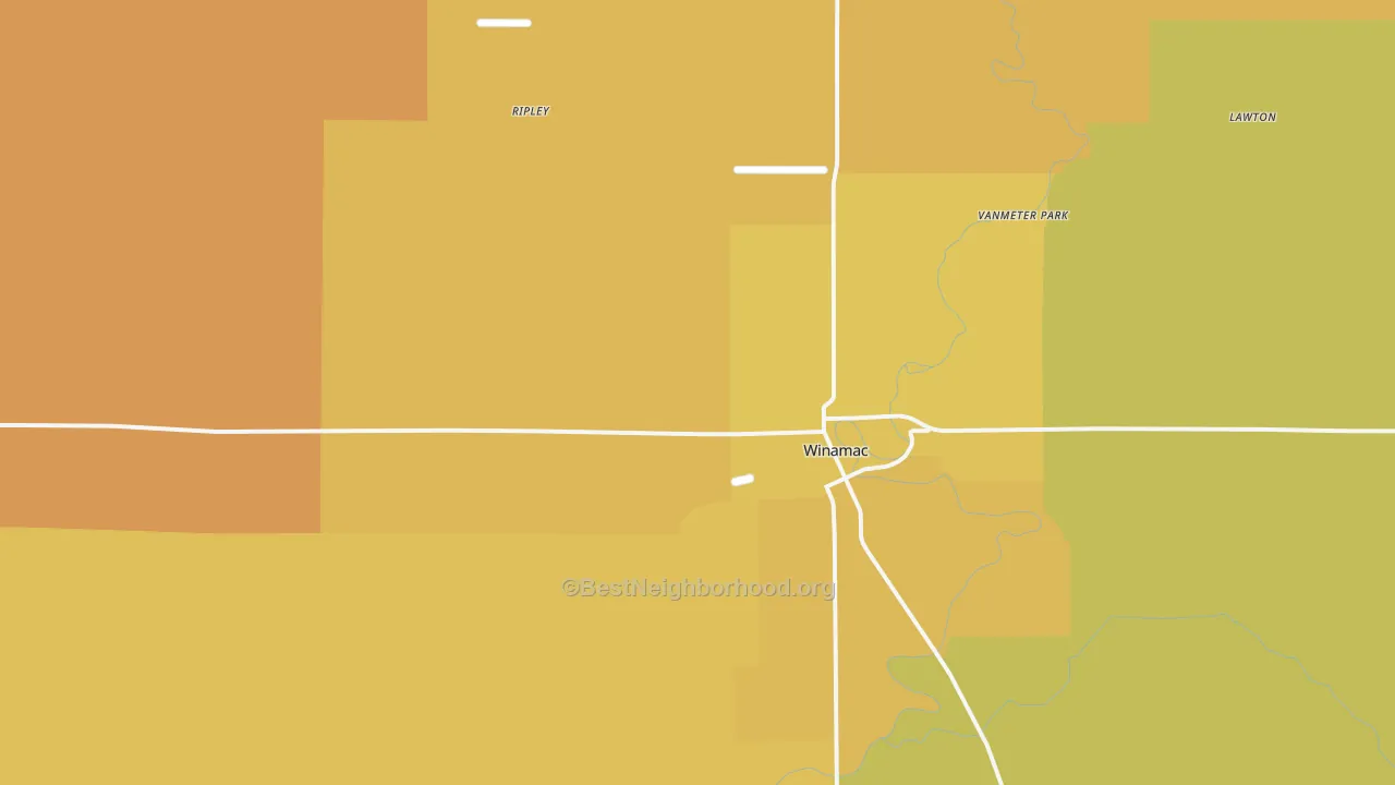 Map of the best neighborhoods in the 46996 area, with better matches in green and worse matches in red