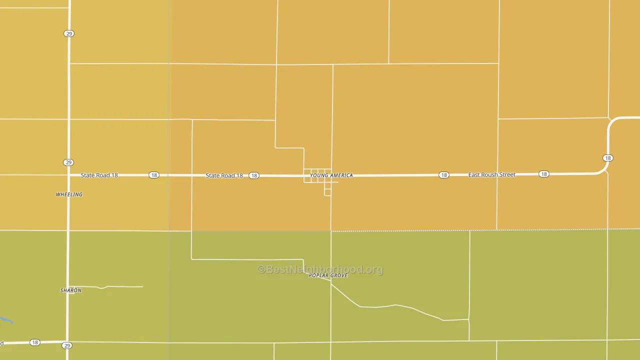 Map of the best neighborhoods in the 46998 area, with better matches in green and worse matches in red