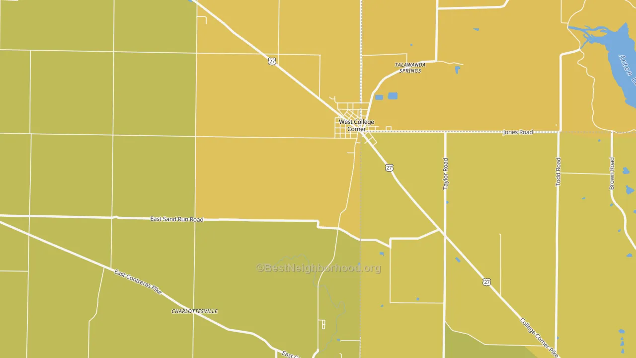 Map of the best neighborhoods in the 47003 area, with better matches in green and worse matches in red