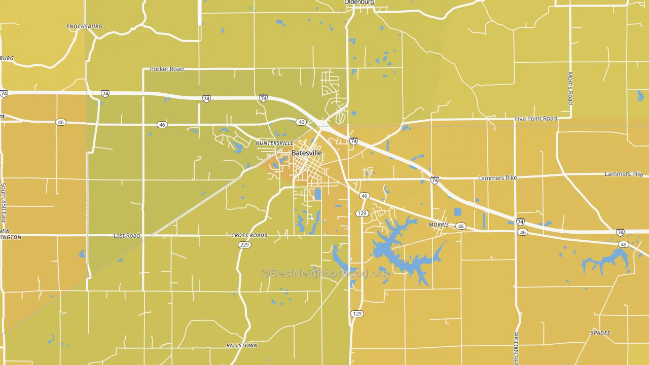 Map of the best neighborhoods in the 47006 area, with better matches in green and worse matches in red