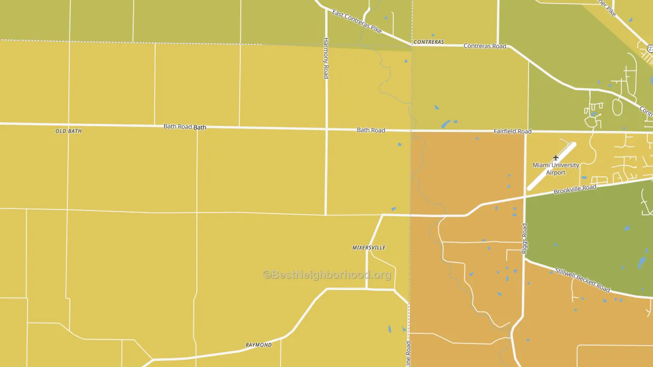 Map of the best neighborhoods in the 47010 area, with better matches in green and worse matches in red