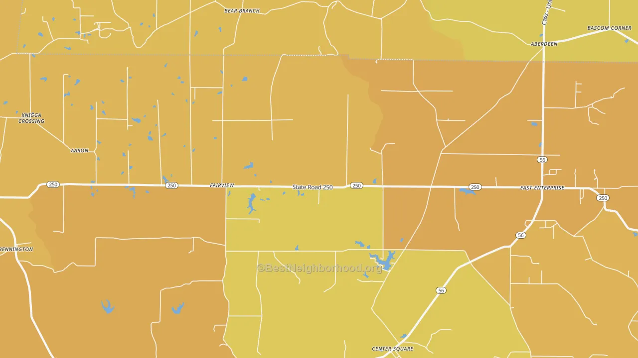 Map of the best neighborhoods in the 47011 area, with better matches in green and worse matches in red