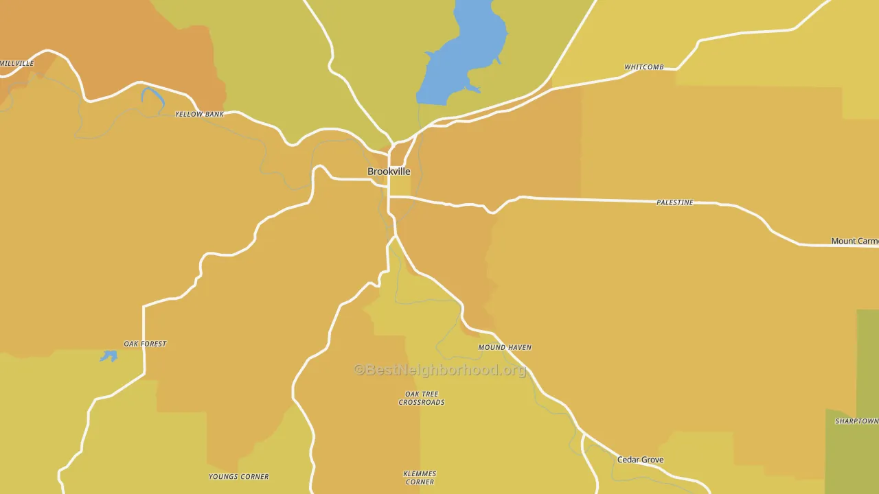 Map of the best neighborhoods in the 47012 area, with better matches in green and worse matches in red