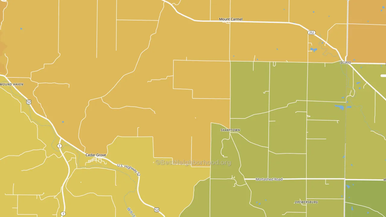 Map of the best neighborhoods in the 47016 area, with better matches in green and worse matches in red