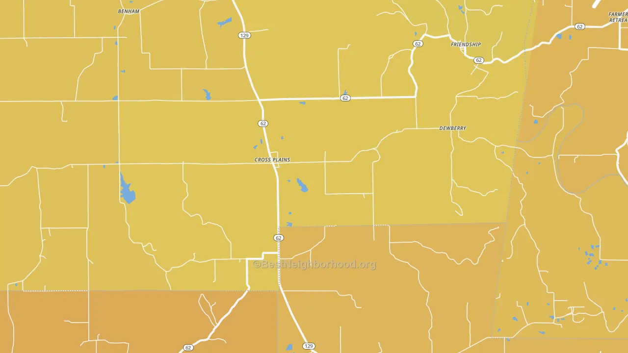 Map of the best neighborhoods in the 47017 area, with better matches in green and worse matches in red