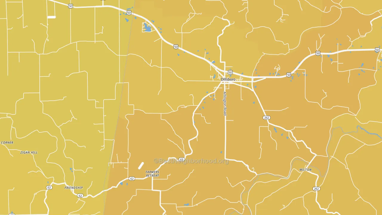 Map of the best neighborhoods in the 47018 area, with better matches in green and worse matches in red