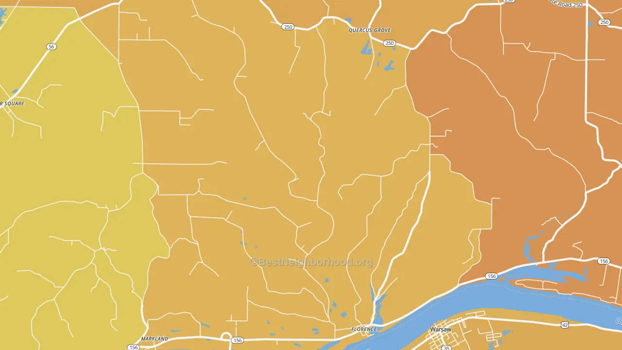 Map of the best neighborhoods in the 47020 area, with better matches in green and worse matches in red