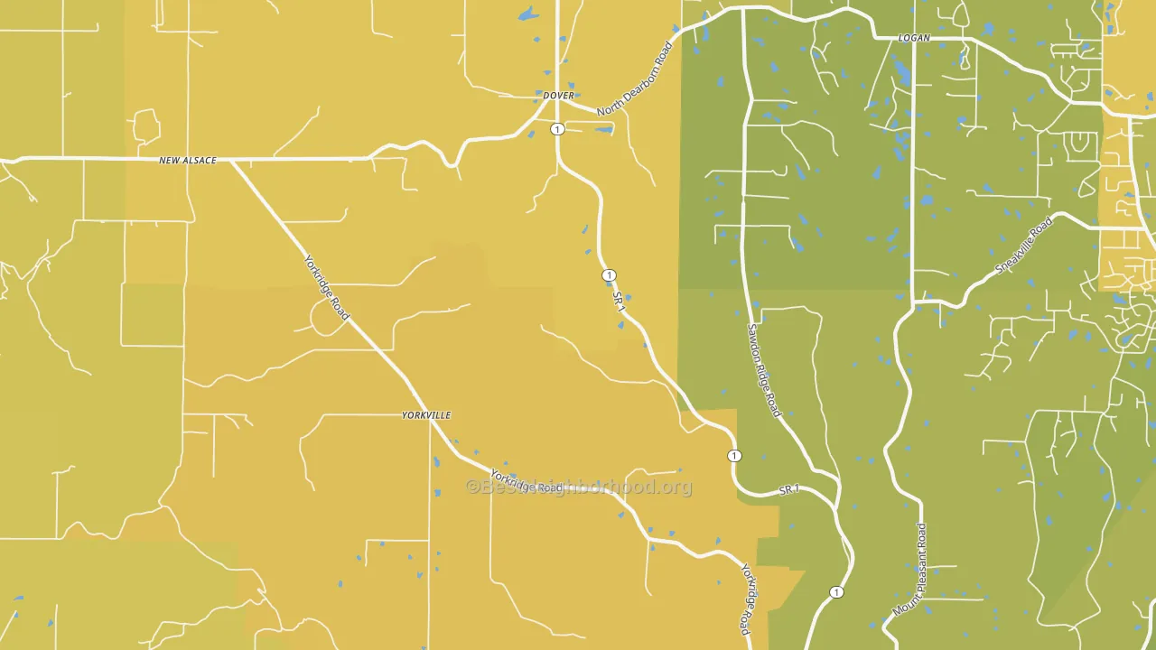 Map of the best neighborhoods in the 47022 area, with better matches in green and worse matches in red
