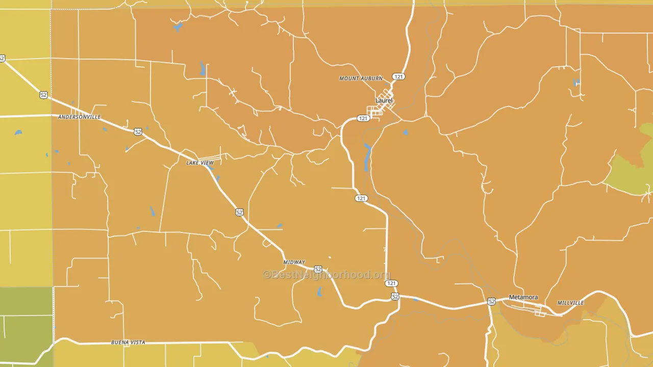 Map of the best neighborhoods in the 47024 area, with better matches in green and worse matches in red